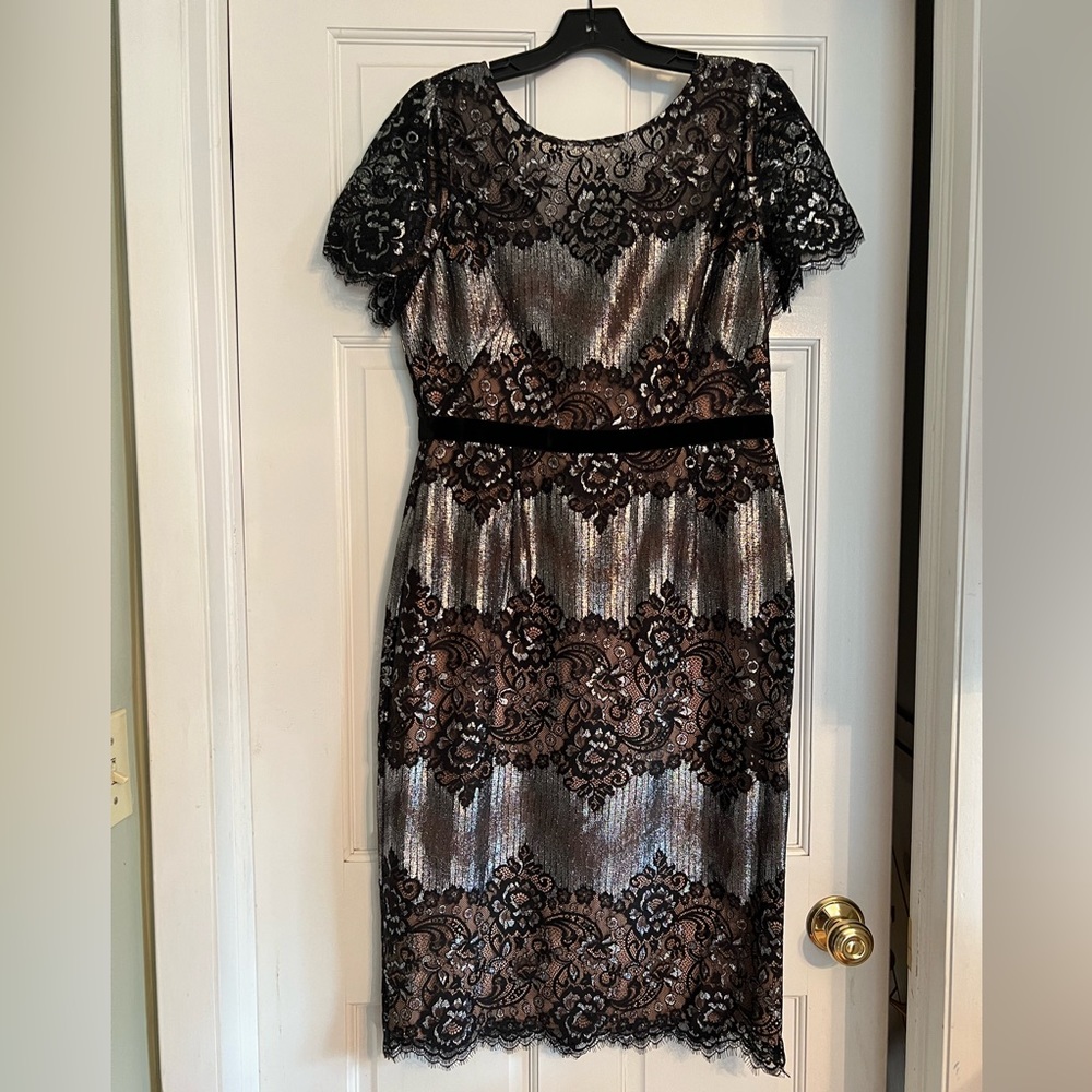 BCBG black tan and silver metallic midi dress